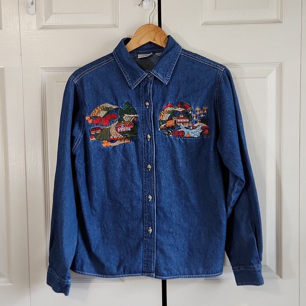 Cabin Creek Womens Denim Button Front Shirt Size PL Embroidered Farm Pumpkin